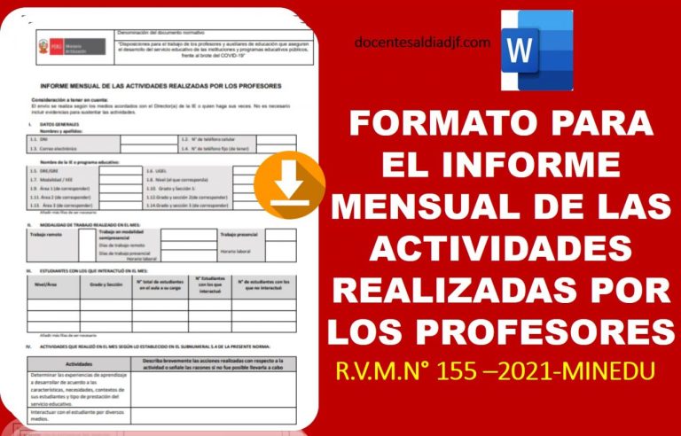 FORMATO PARA EL INFORME MENSUAL DE LAS ACTIVIDADES REALIZADAS POR LOS PROFESORES R.V.M.N° 155-2021- MINEDU