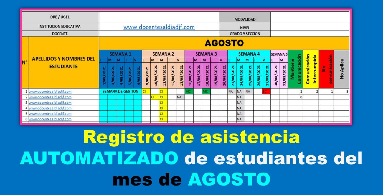 Registro de asistencia AUTOMATIZADO del mes de AGOSTO del 2021