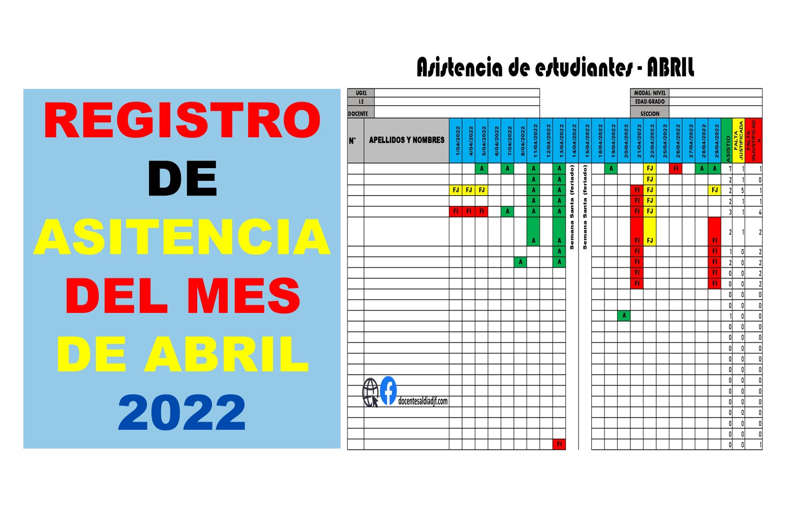 Registro de asistencia de estudiantes del mes de abril 2022