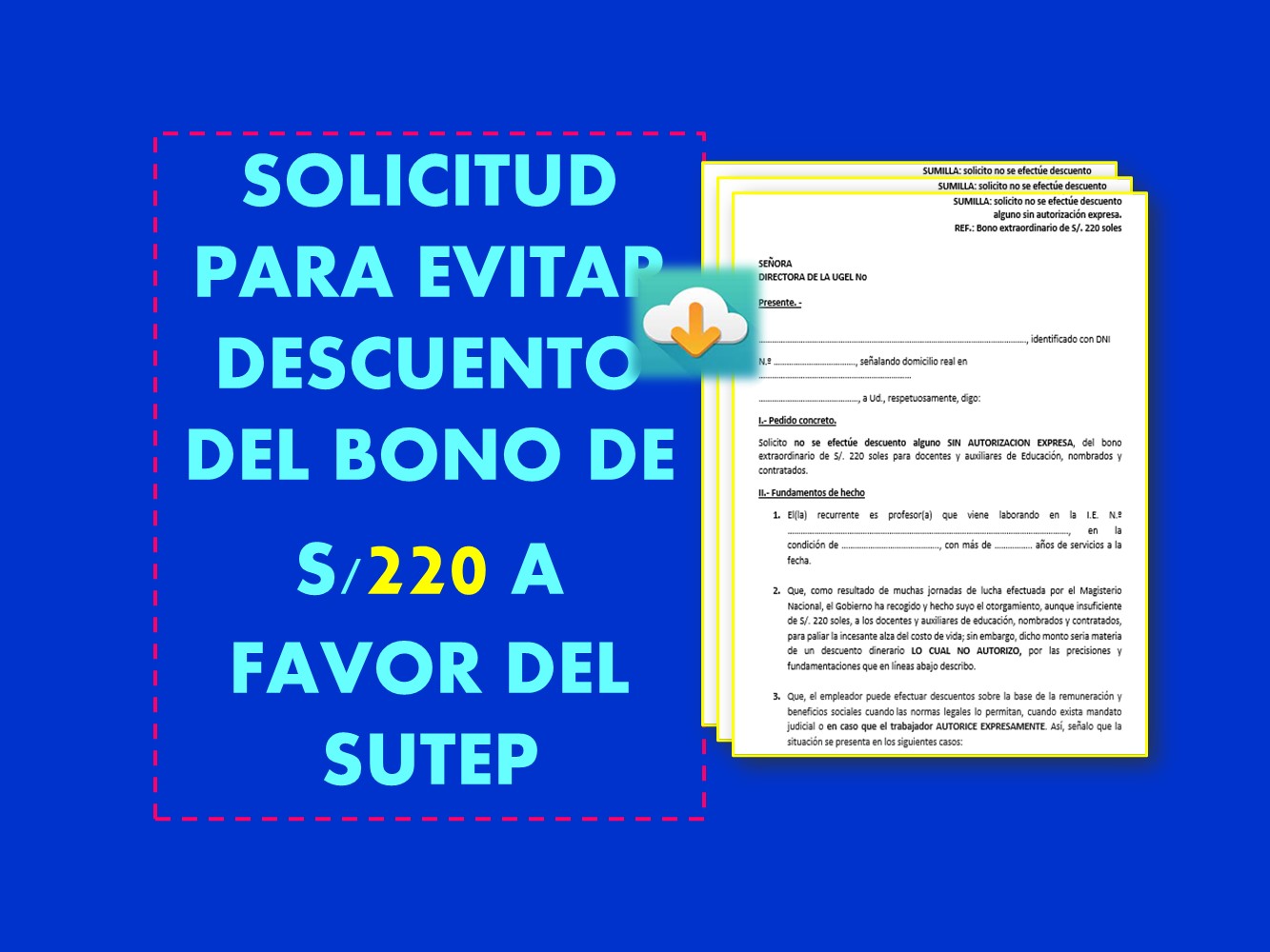 Modelo de solicitud para evitar descuento del bono de 220 soles a favor del SUTEP